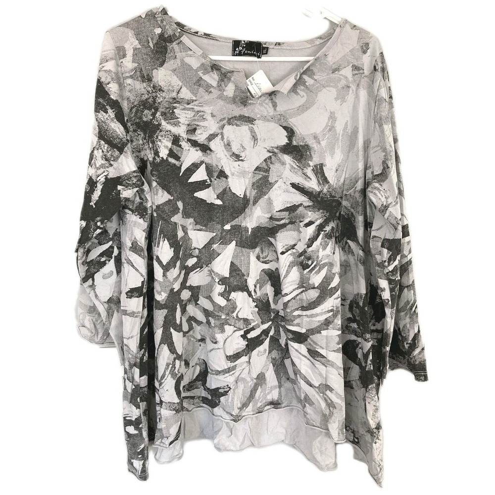 Fenini Tunic Top Women XL Gray V Neck 3/4 Sleeve Floral Art Print Cotton NWT